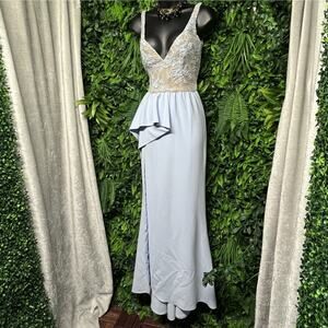 ELEGANT Dress Women XS‎ Blue Nude Peplum Gown Sequin Embroidered Beaded 2670